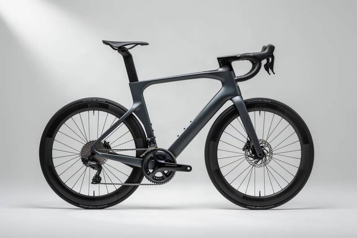 Aerodynamic road bike with dark carbon frame and deep-section wheels on concrete floor