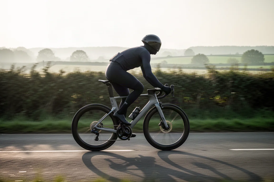 Wielrenner rijdt op hoge snelheid op een aero racefiets op een rustige landweg in het vroege ochtendlicht