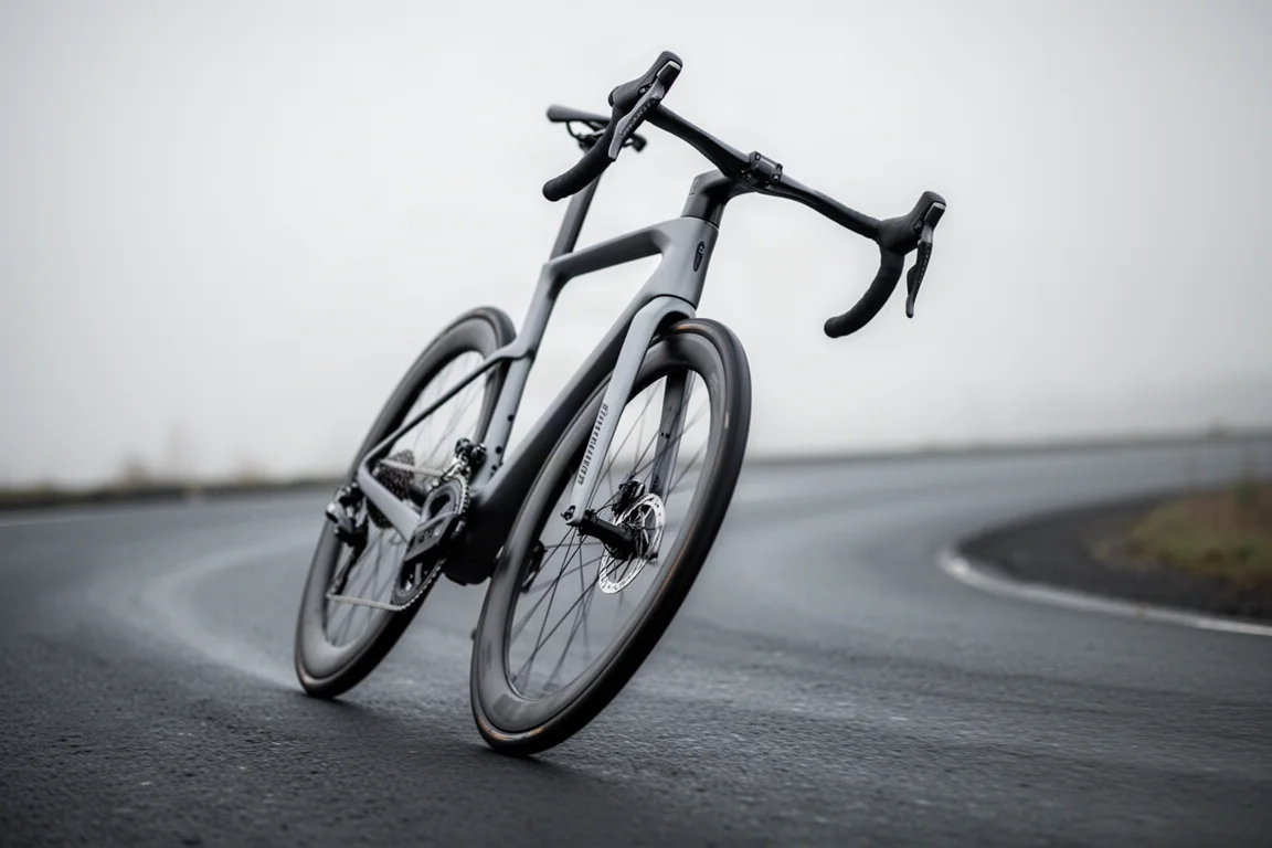 Voorzijde van een aero racefiets die een bocht in duikt, met diepe voorvork en geïntegreerd stuur