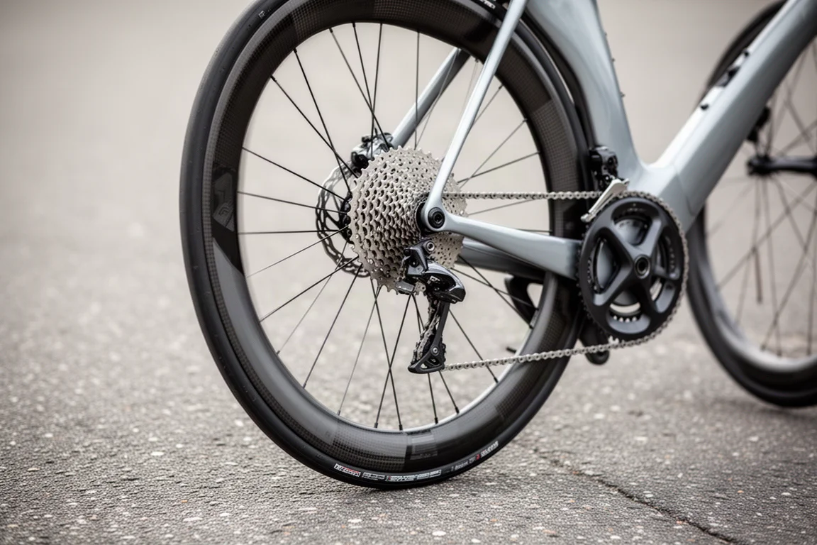 Close-up van een diep carbon achterwiel en cassette op ruw grijs asfalt