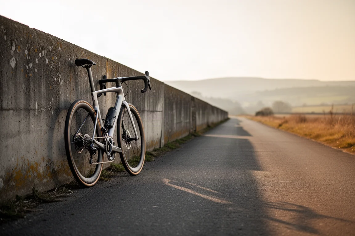 Aero racefiets leunt tegen een betonnen muur op een lege landweg in het licht van de late middag