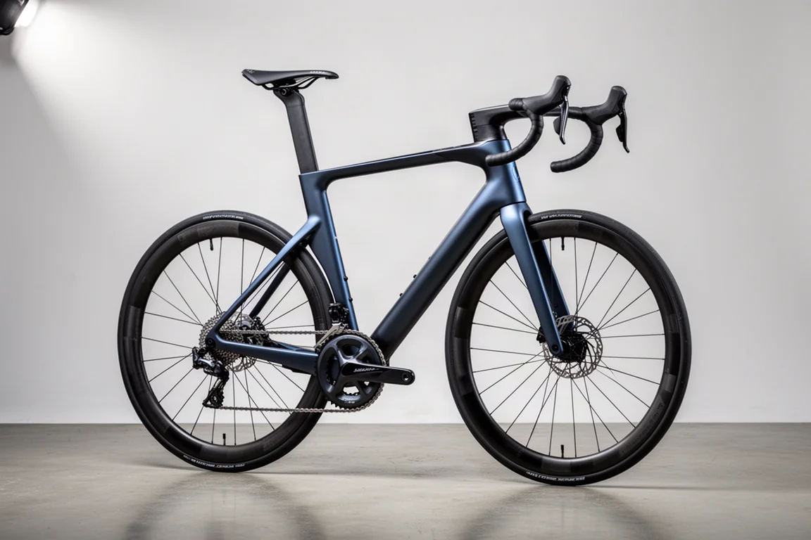 Aero road racing bike in three-quarter profile on a light grey studio backdrop