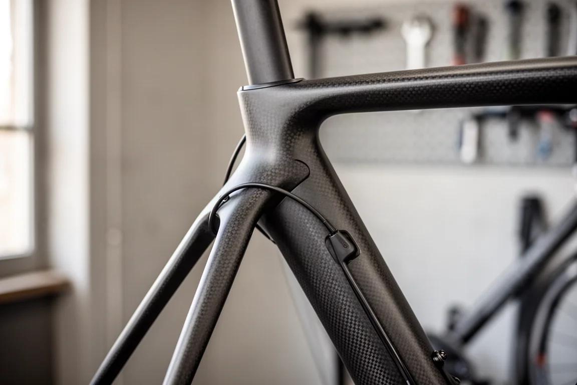 Close-up van de balhoofdbuis van een aeroracefiets, bladvormige voorvorkpoten en een diepe onderbuis