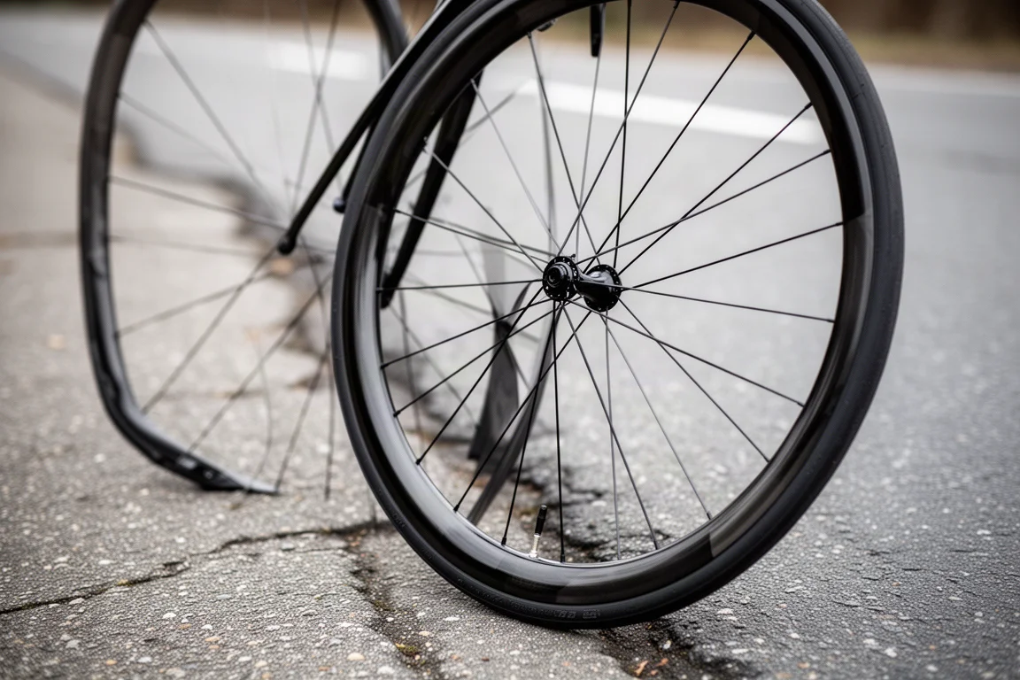 Diep carbonwiel voor de weg met een smalle slickband op ruw asfalt