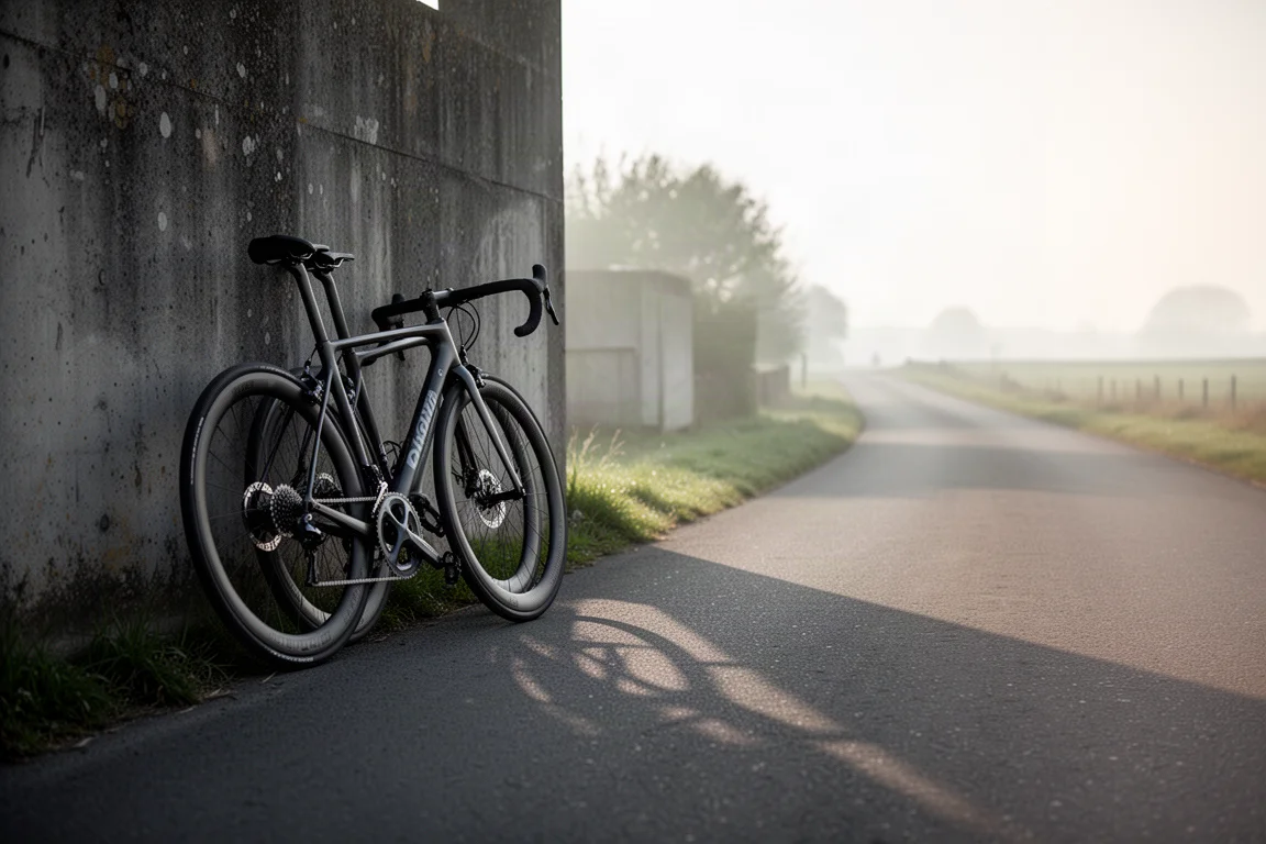 Twee aeroracefietsen leunen tegen een betonnen muur aan een rustige landweg