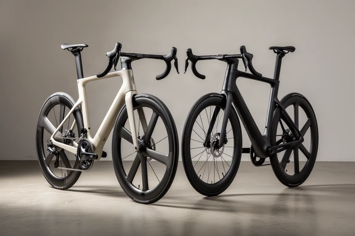 Två aeroracercyklar med djupa kolfiberhjul stående på en betongyta