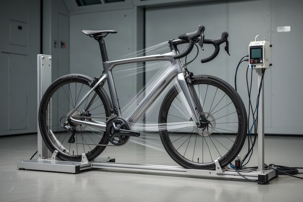 Bici da strada aero montata su un banco prova in galleria del vento con visualizzazione del flusso d'aria