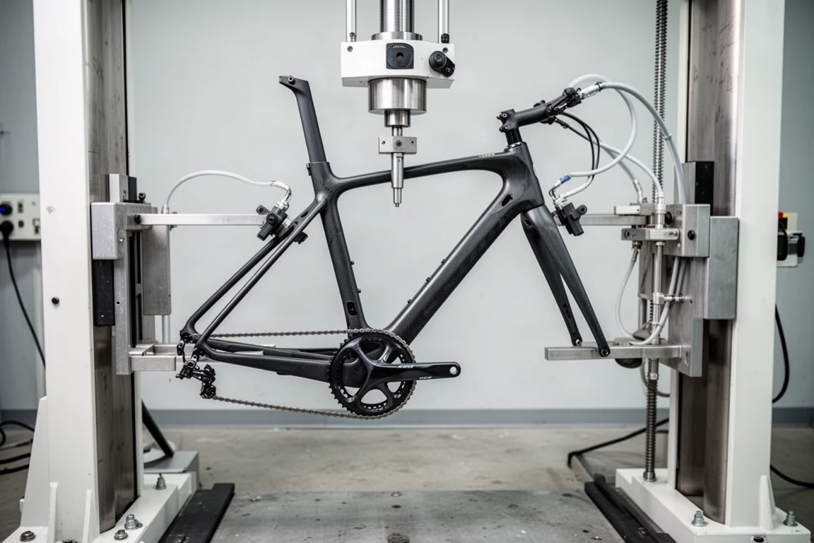 Telaio di bicicletta in carbonio in una macchina per prove di fatica da laboratorio