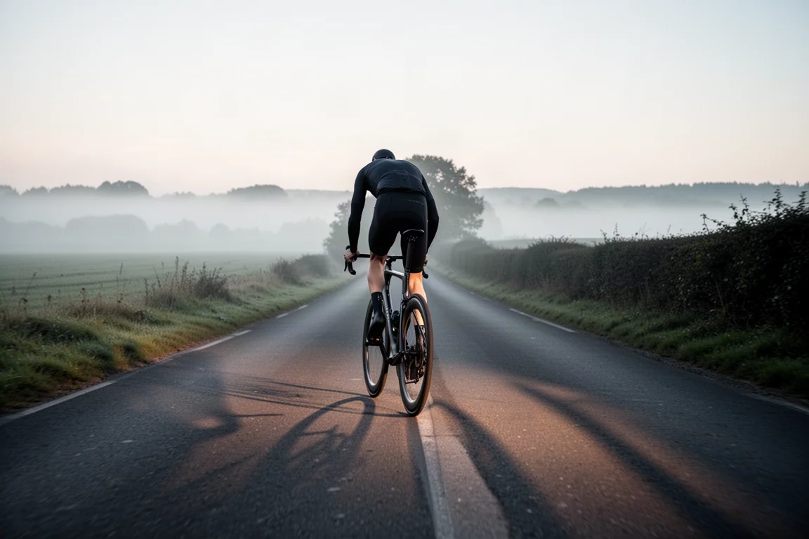 Ciclista che pedala su una bici da strada aero su una strada di campagna deserta all'alba