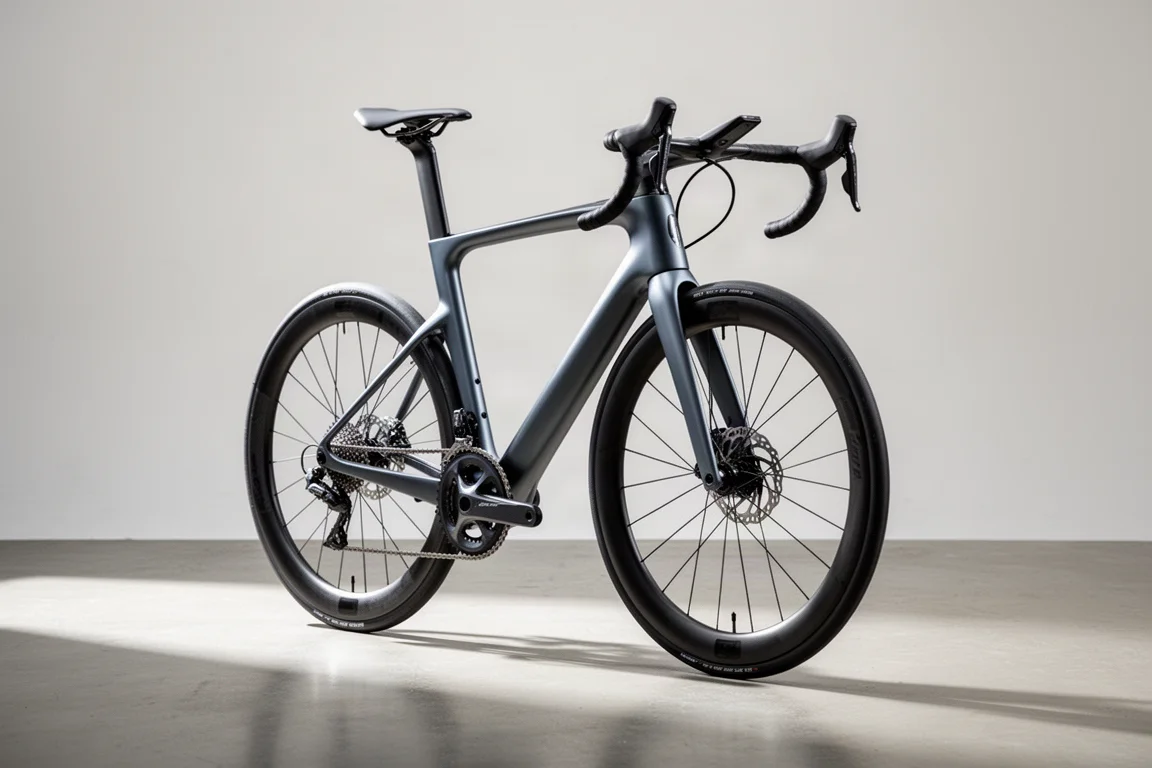 Bici da strada aero con telaio in carbonio profondo e cockpit integrato su un pavimento in cemento da studio