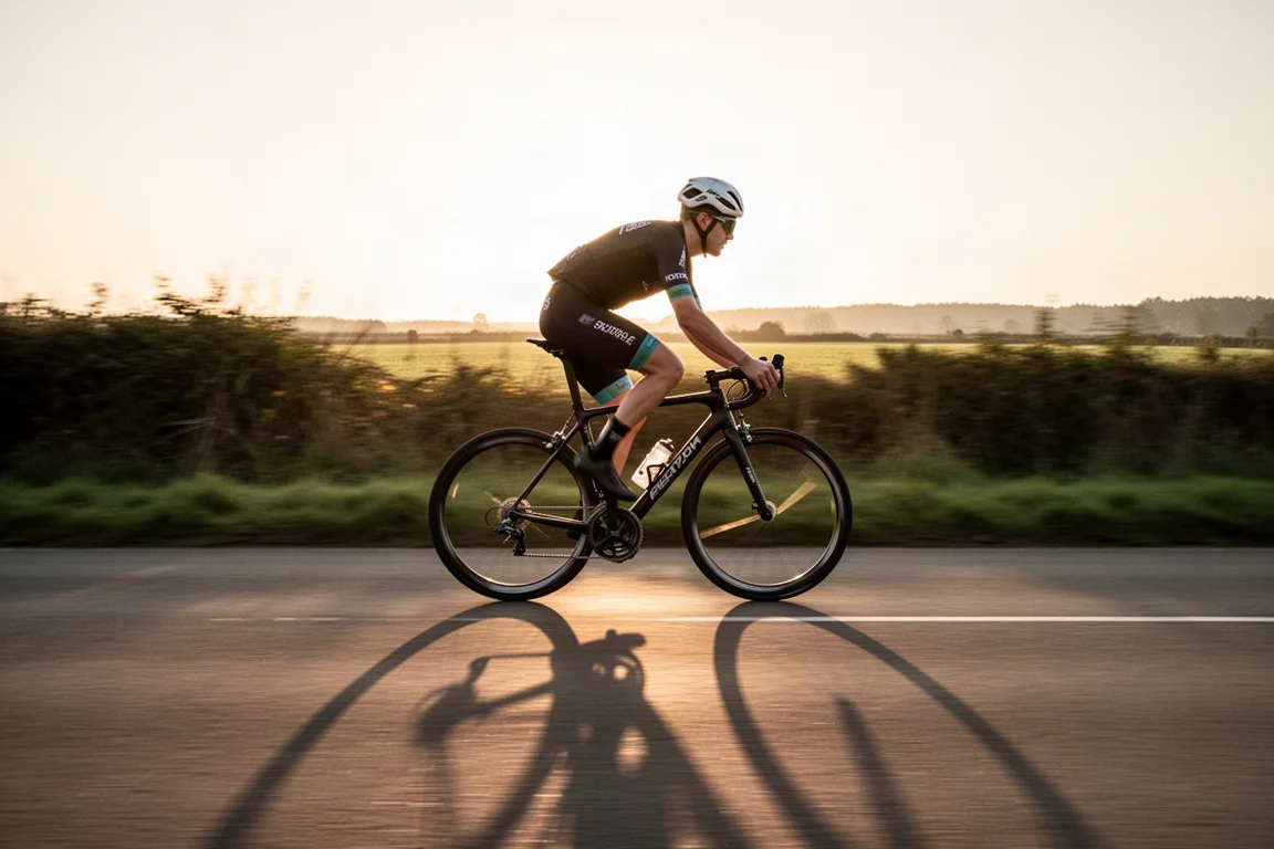 Ciclista su strada che pedala a tutta velocità su una strada aperta nella luce bassa del mattino