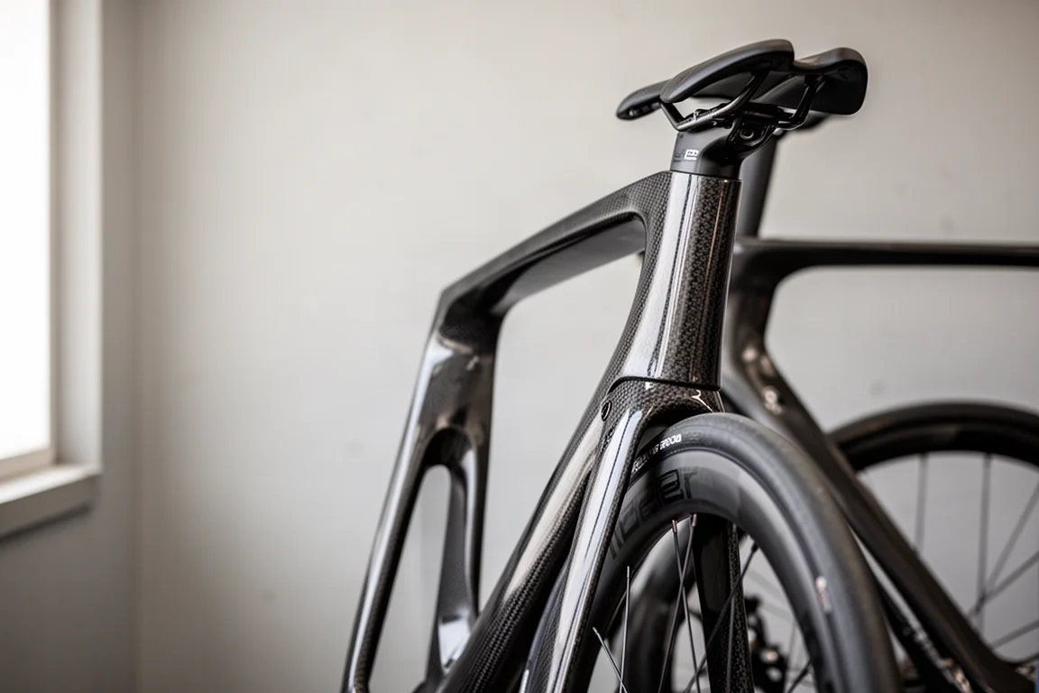 Primo piano dell'avantreno di una bici da corsa aerodinamica con cockpit integrato