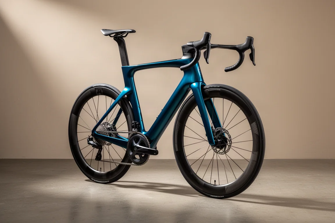 コンクリート面に置かれた青と黒の空力カーボンロードレースバイク