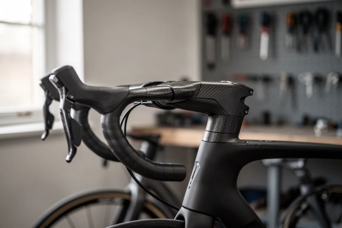 Närbild på ett integrerat kolfiberstyre med styrstam på en aeroracercykel
