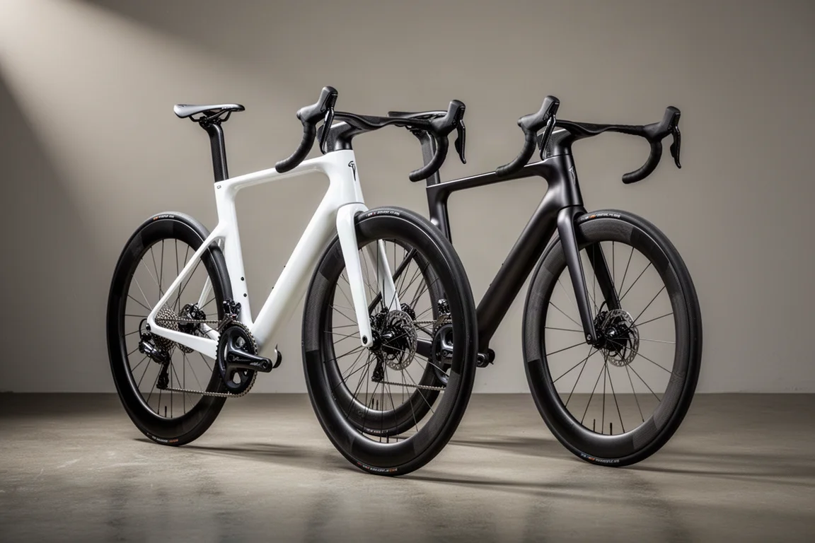 Två aeroracercyklar med kolfiberhjul med hög profil sida vid sida på betong