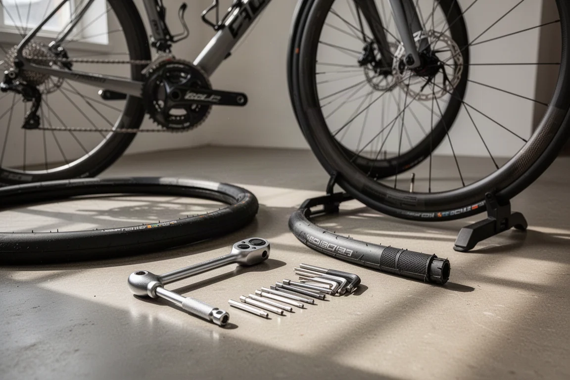 Banco da lavoro per bici con attrezzi, un pneumatico da strada di scorta e una ruota in carbonio accanto a una bici da strada
