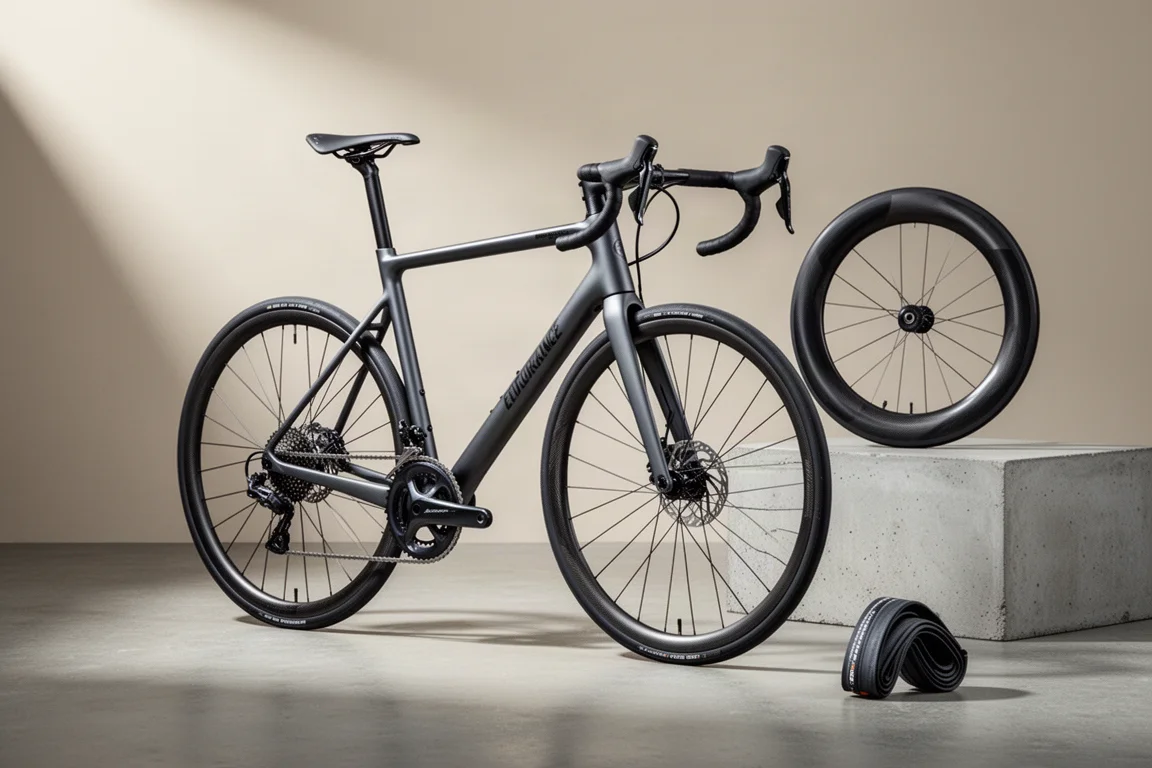 Kolfiberlandsvägscykel för endurance med ett högprofilerat kolfiberhjul och ett ihopvikt däck på betong