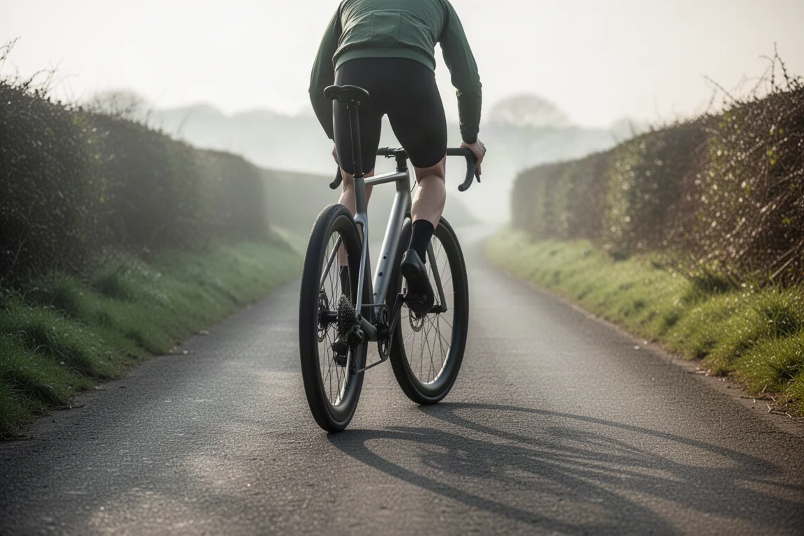 Ciclista montando una bicicleta de carretera por un camino rural con niebla al amanecer visto desde atrás