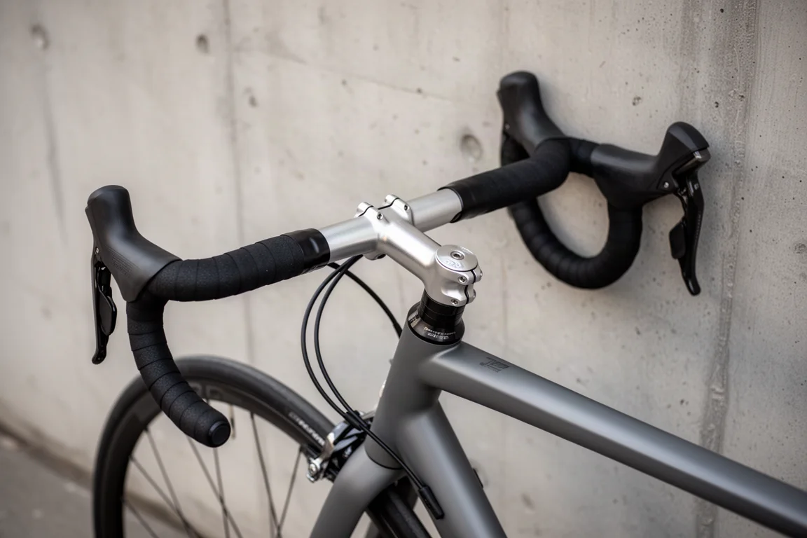 Vista superior del manillar de carretera y potencia de aluminio en una bicicleta sobre suelo de hormigón