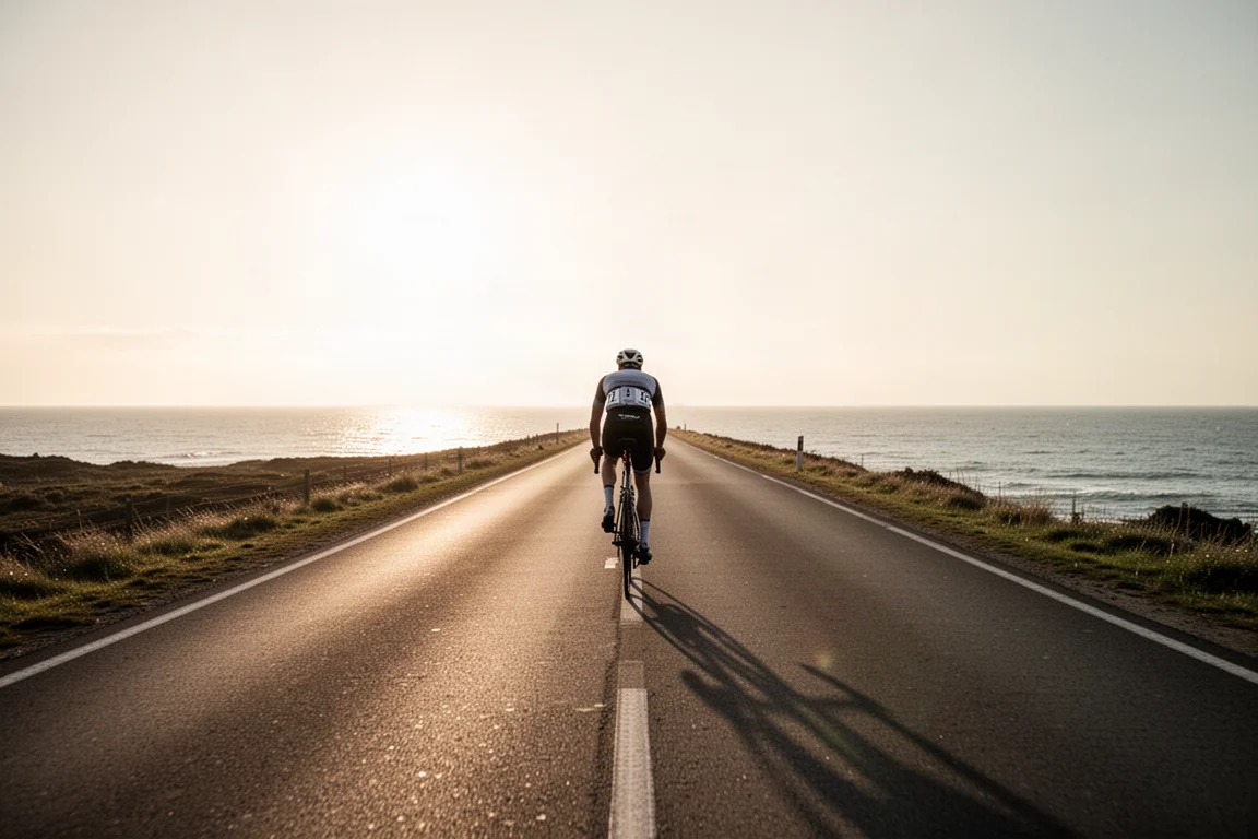 Bicicleta de carretera apoyada en una pared de hormigón iluminada por el sol en una calle vacía al amanecer
