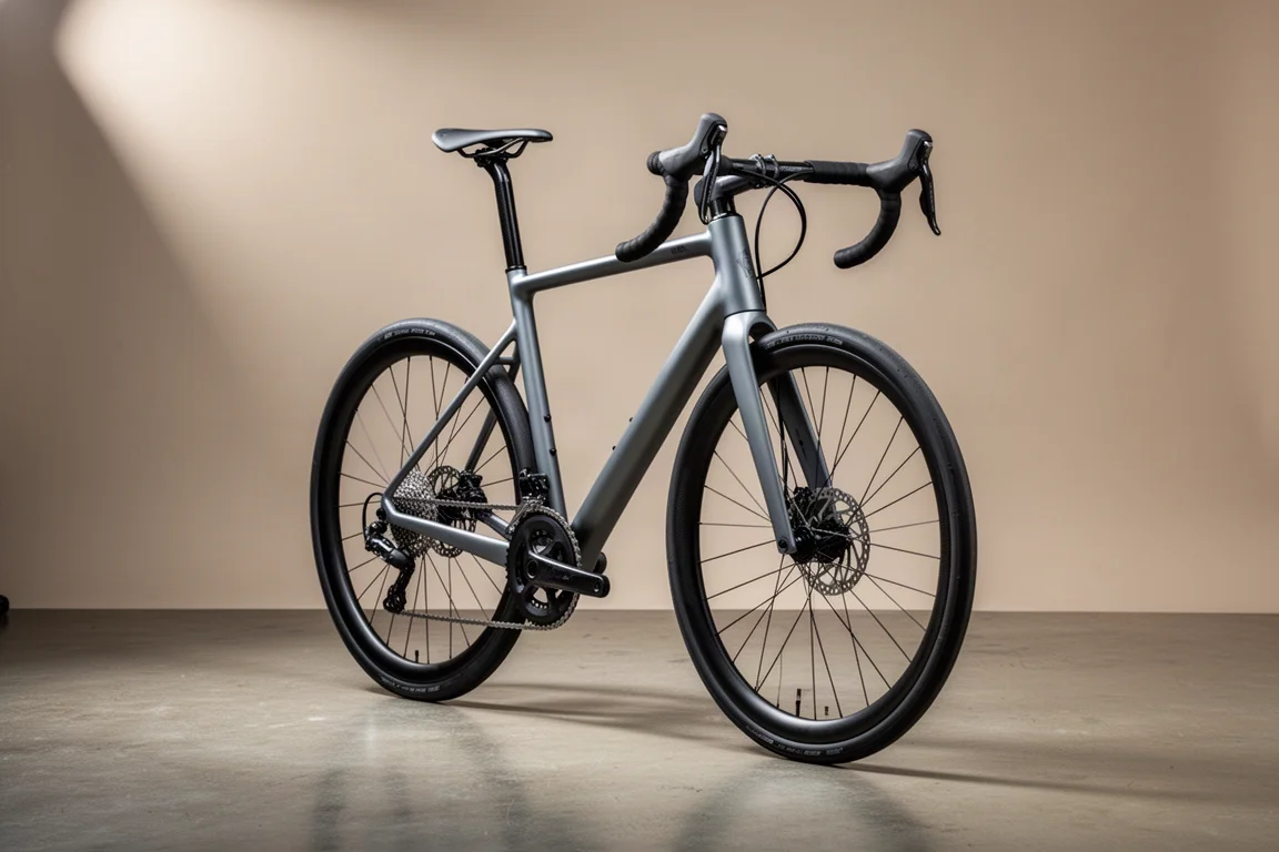 Matte grey aluminium endurance road bike with disc brakes photographed on concrete in soft studio light
