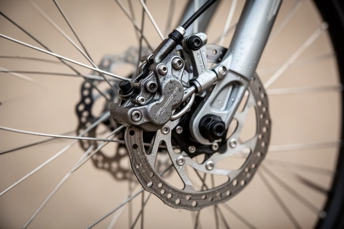 Detalhe de uma pinça de freio a disco hidráulico e do rotor na roda de uma bicicleta