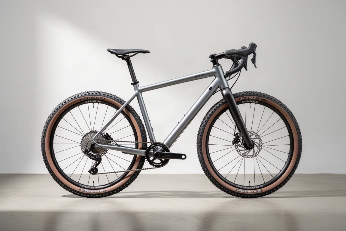 Silvergrå aluminiumcykel för allroad med kolfibergaffel och 34 mm däck på ett betonggolv