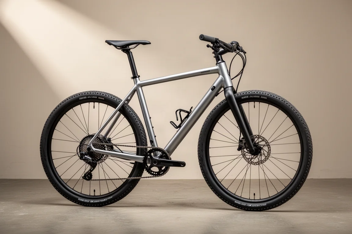 Silver-grey aluminium all-road bicycle with carbon fork and disc brakes on concrete