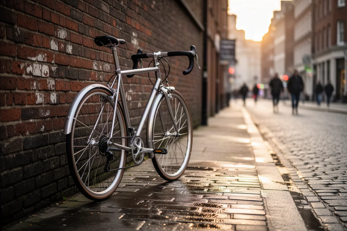 Leere Landstraße bei Sonnenaufgang, bei der Asphalt in einen Gravel-Seitenstreifen übergeht