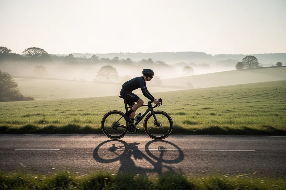 Ciclista montando una bicicleta de carretera de endurance en una carretera rural con niebla al amanecer