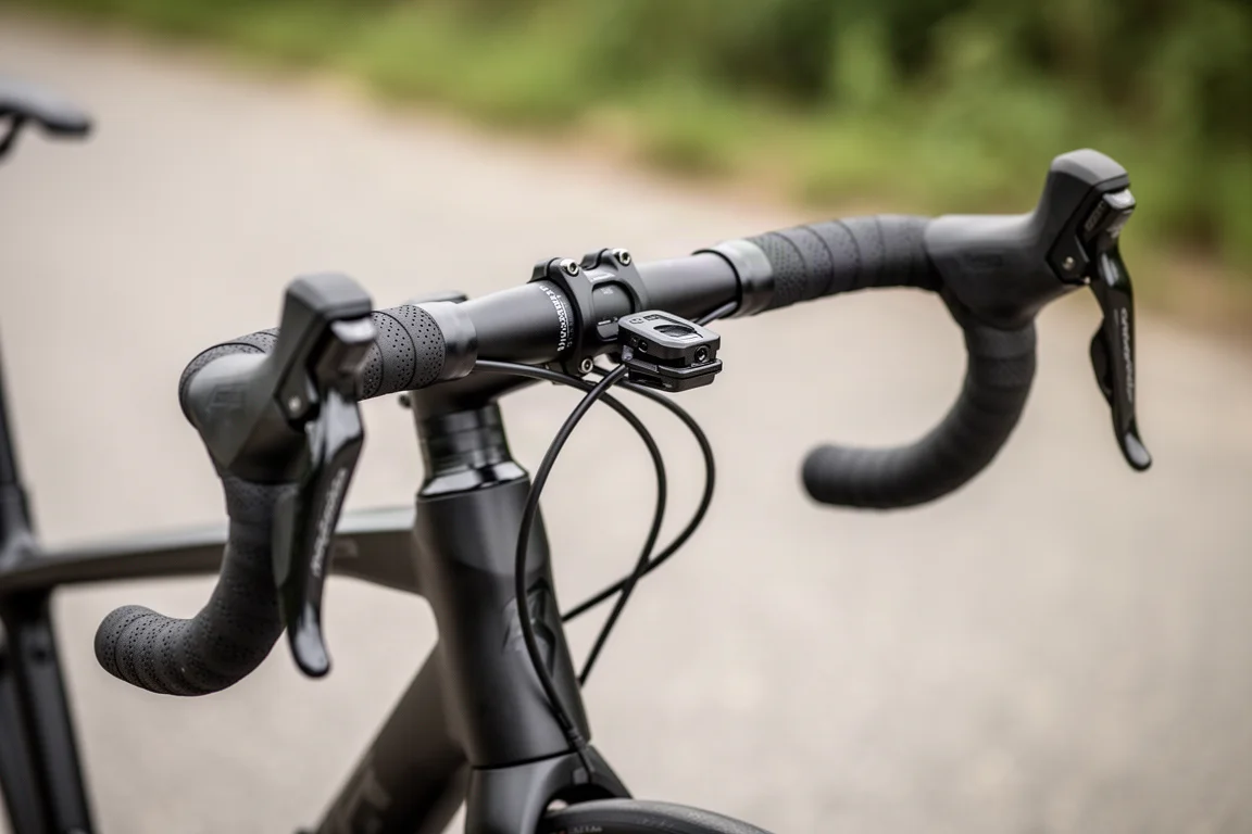 Primer plano de un manillar drop de bicicleta de carretera con curvatura compacta poco profunda y ligero flare