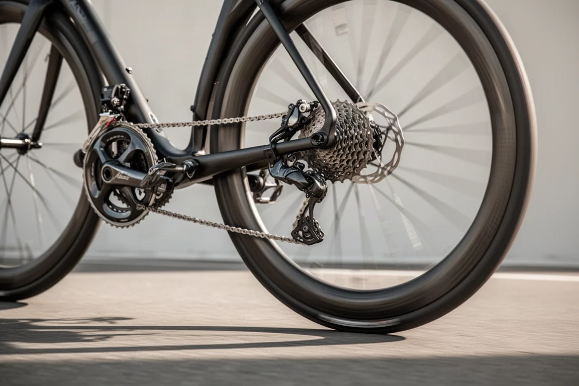 Detalle en ángulo bajo de la transmisión de una bicicleta de carretera y la rueda trasera de carbono en movimiento