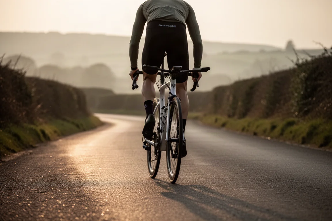 Ciclista rodando con una bicicleta de carretera de endurance en una carretera vacía al amanecer