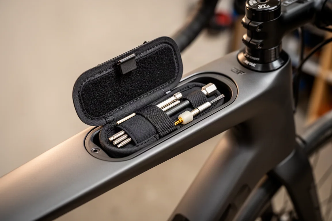Trampilla de almacenamiento del tubo horizontal abierta en un cuadro de carretera con una funda de neopreno dentro