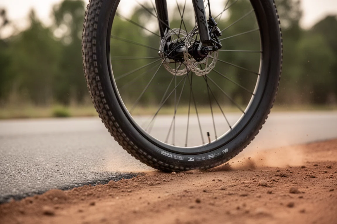Neumático ancho de carretera pasando del asfalto a una pista de tierra compactada