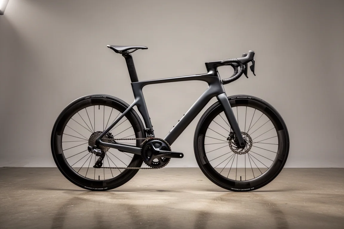Matte black carbon road bike with integrated cockpit and deep carbon wheels on pale concrete