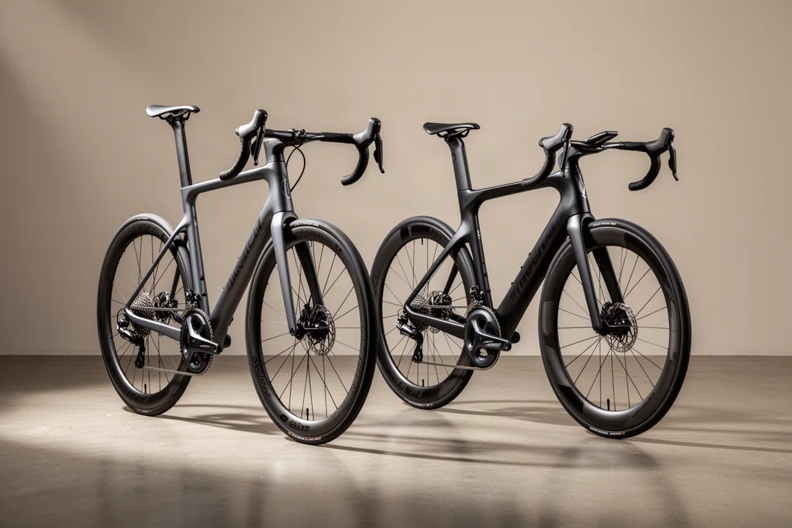 Endurance road bike and aero race bike standing side by side on a concrete floor