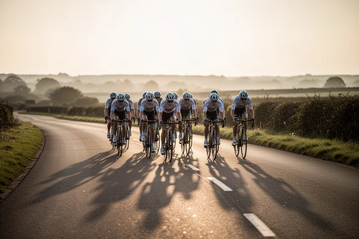 Gruppo di ciclisti su strada che pedalano in formazione compatta su una strada aperta nell'ora d'oro
