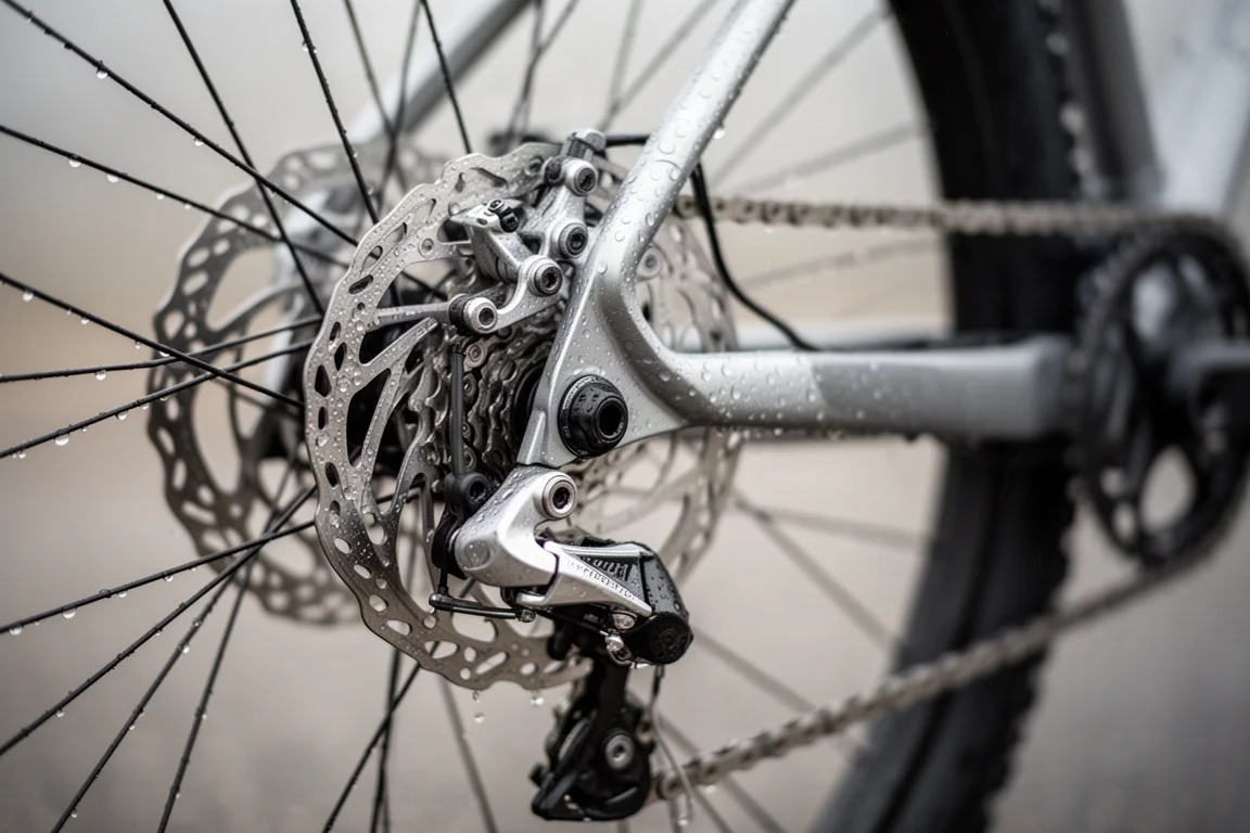 Primo piano di una pinza freno a disco idraulico e del disco su una ruota di bici bagnata
