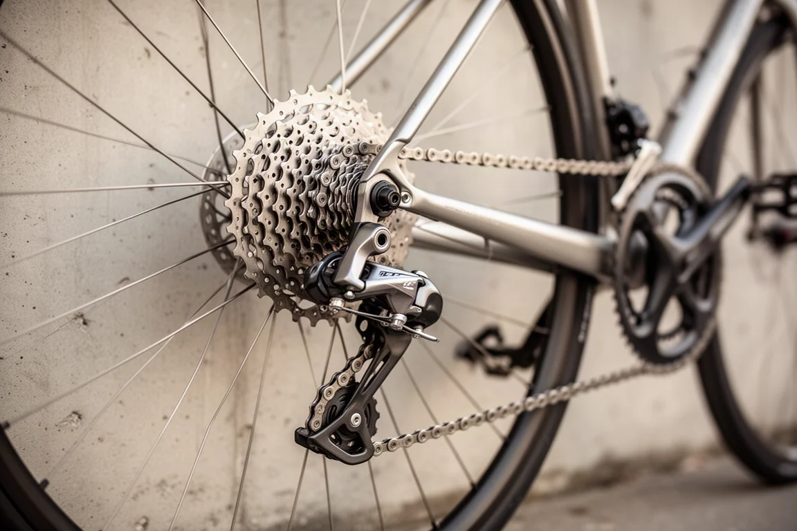 Primo piano di un deragliatore posteriore e di una cassetta sulla trasmissione di una bici da strada