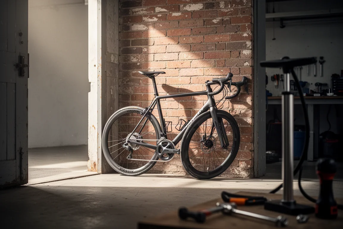 Bici da strada appoggiata a un muro di mattoni davanti a un'officina nella luce del mattino
