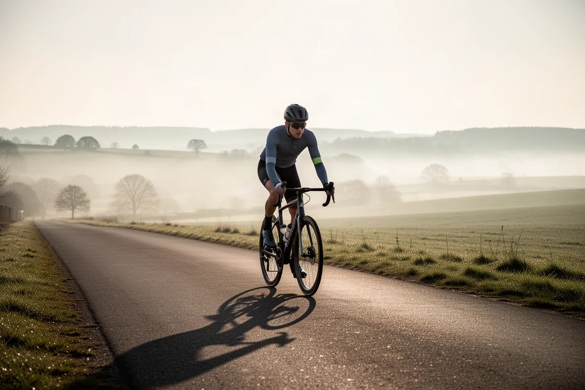 Rennradfahrer in aufrechter Endurance-Position auf einer ruhigen Landstraße