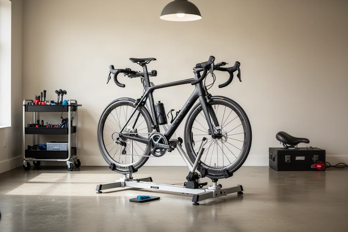 Rennrad auf einer Montagevorrichtung in einem Bike-Fit-Studio