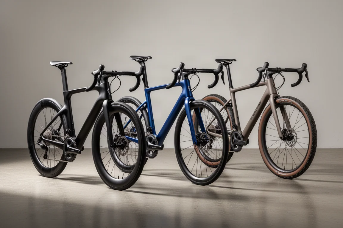 Three modern road bikes lined up on a concrete floor in soft studio light