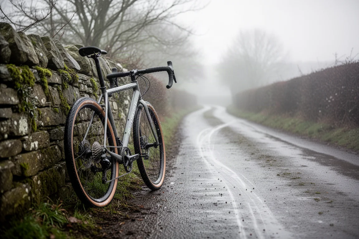 Cyclist commuting on a wet rural lane in soft winter light