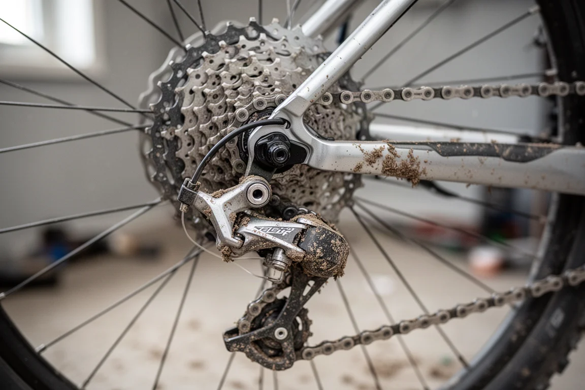 Close-up of a gravel bike drivetrain with mud-speckled chain and cassette