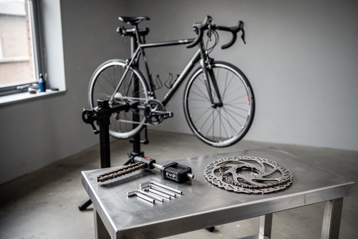 Bicycle on a repair stand in a workshop with tools laid out