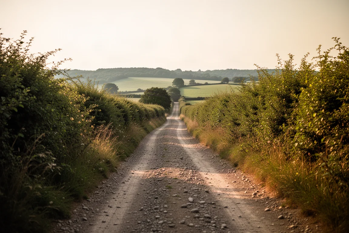 Gravel track winding through summer hills with hedgerows and dry hardpack