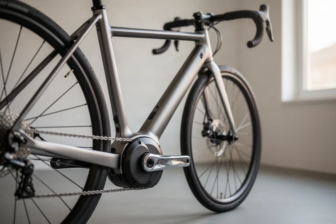 Primer plano del tubo diagonal de un cuadro fino de bici de carretera eléctrica y manillar curvo