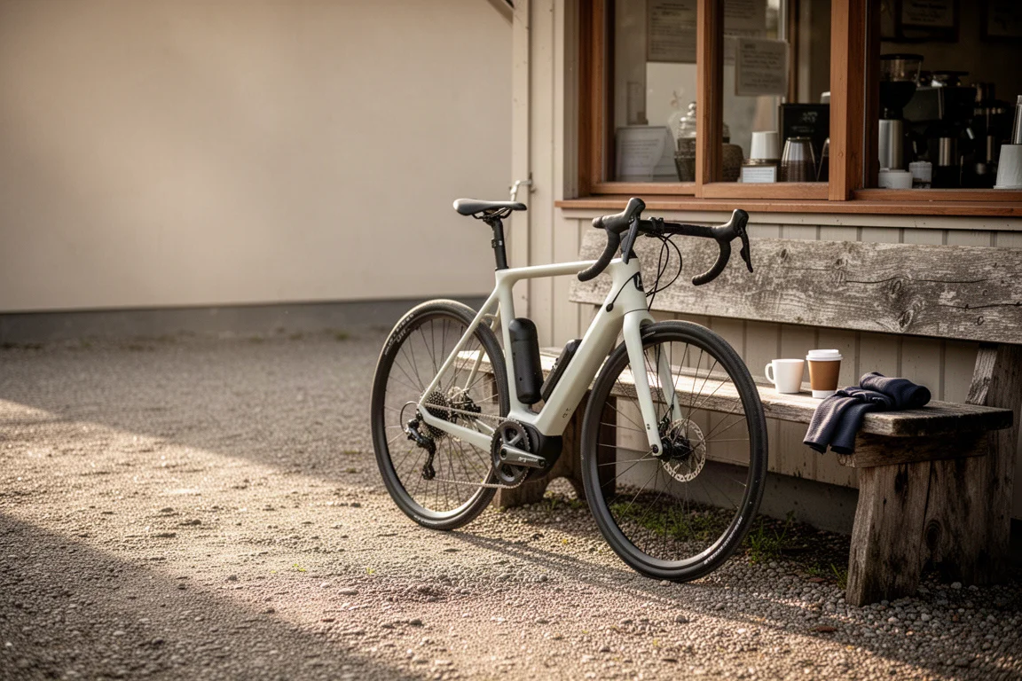Ciclista de carretera descansando en una parada de café con una ligera bici de carretera eléctrica
